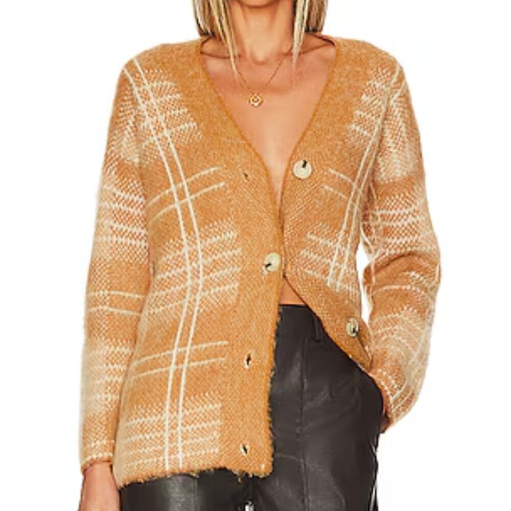 Vince Tan Brown Brushed Plaid Wool Alpaca Fuzzy Cardigan